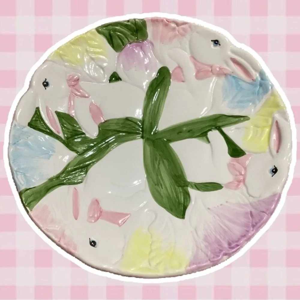 Vintage Retro Pastel‎ Colorful Easter Bunny Rabbit Cottagecore Ceramic Plate